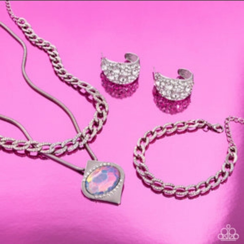 Silver-Tone Pink Opal Pendant Necklace and Jewelry Set